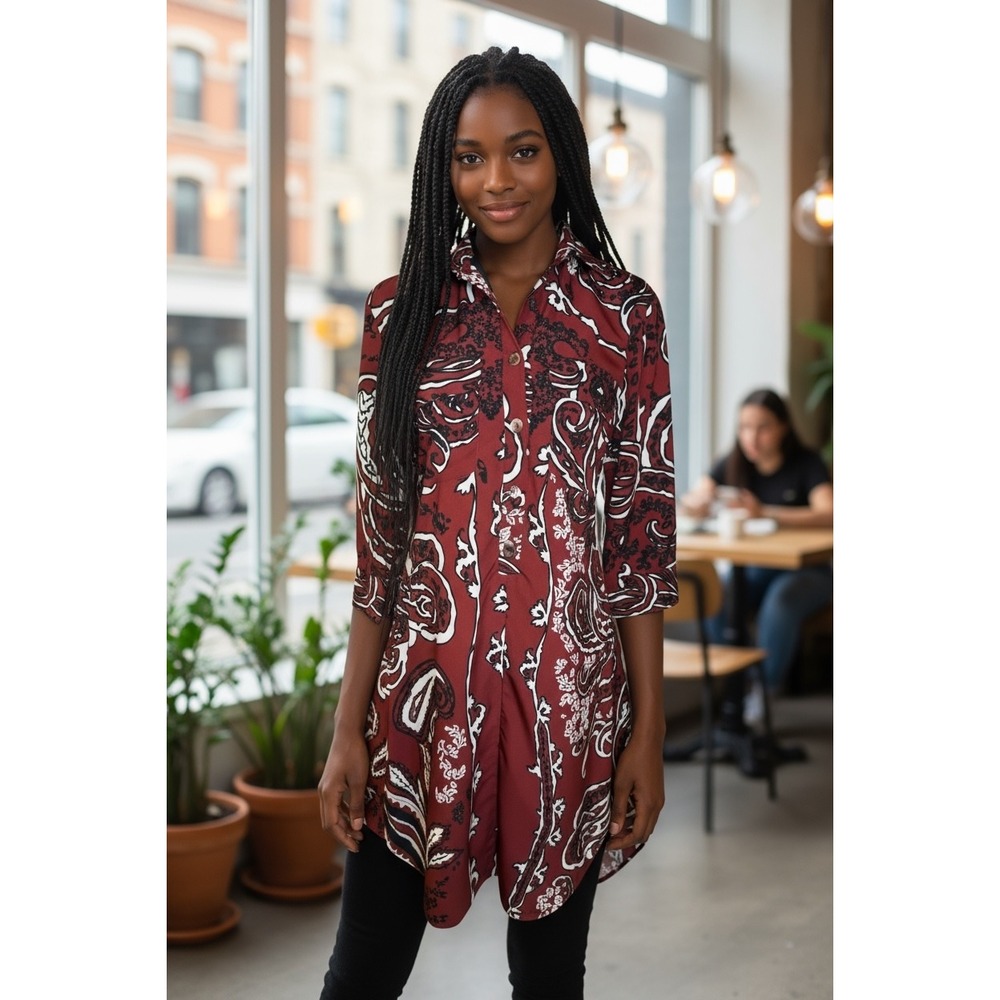 eShakti Tunic Top Blouse Paisley Print 3/4 Sleeve Button‎ Up Burgundy Size 2